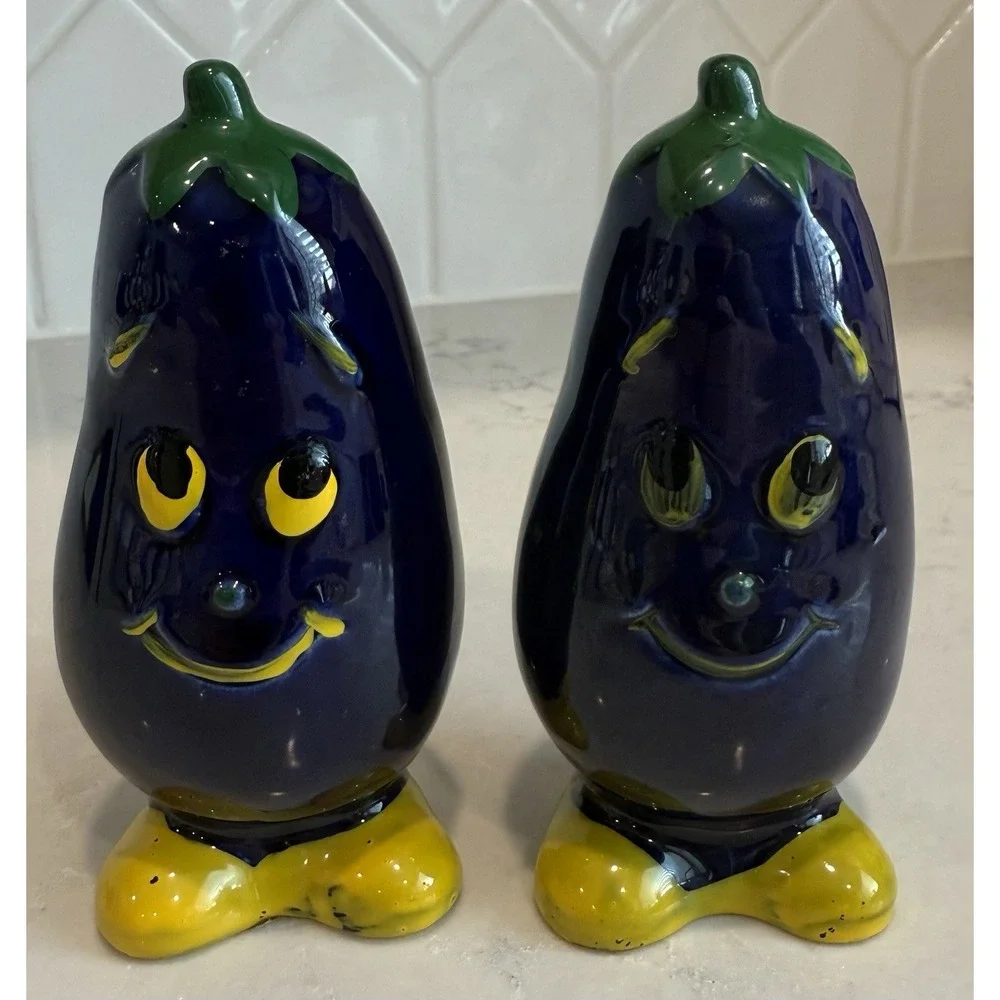 Vintage Eggplant Anthropomorphic Japan Salt And Pepper‎ Shaker Set